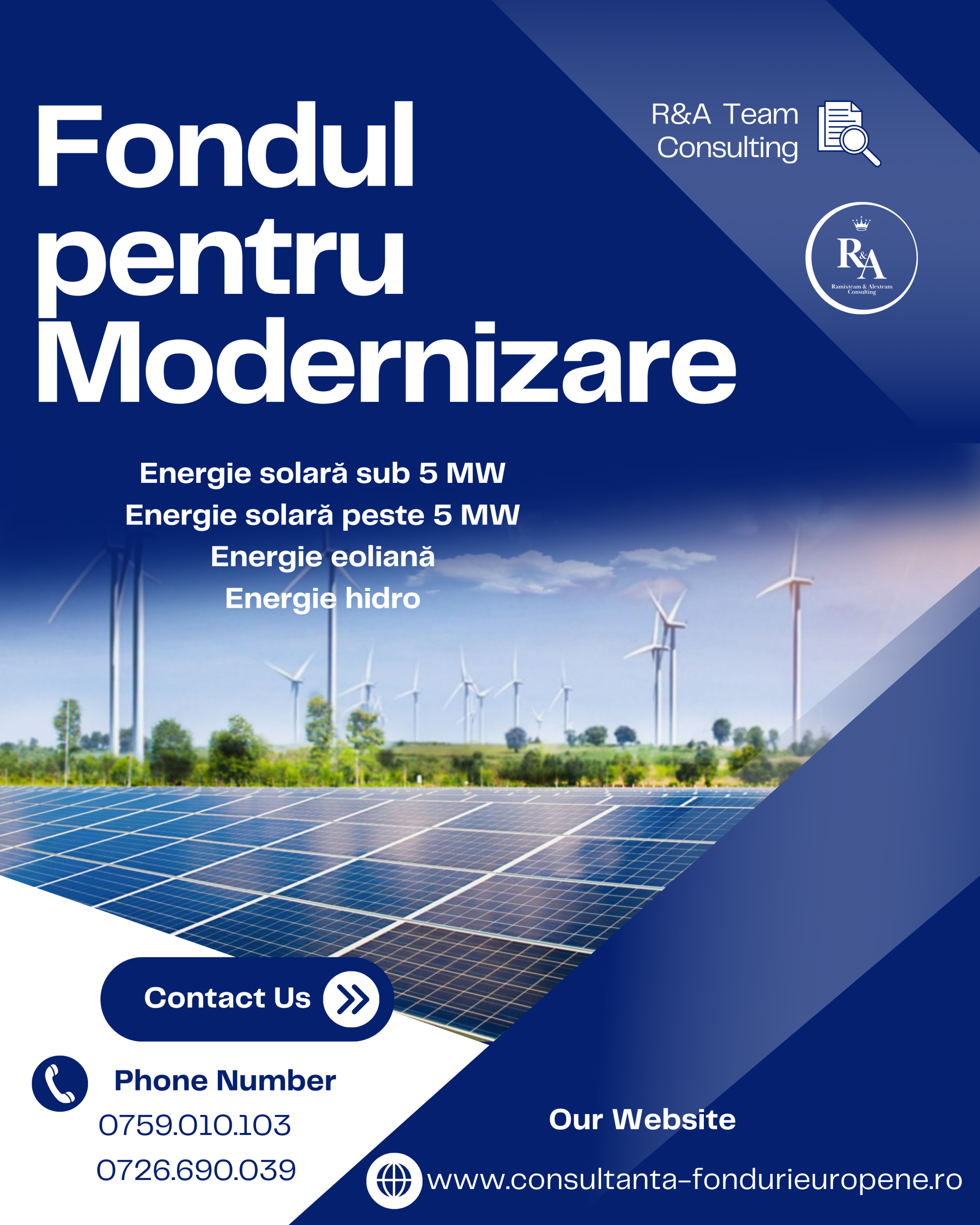 Fondul pentru Modernizare: A fost lansat cel de-al doilea apel pentru noi capacităţi de producere a energiei electrice din surse regenerabile pentru autoconsum