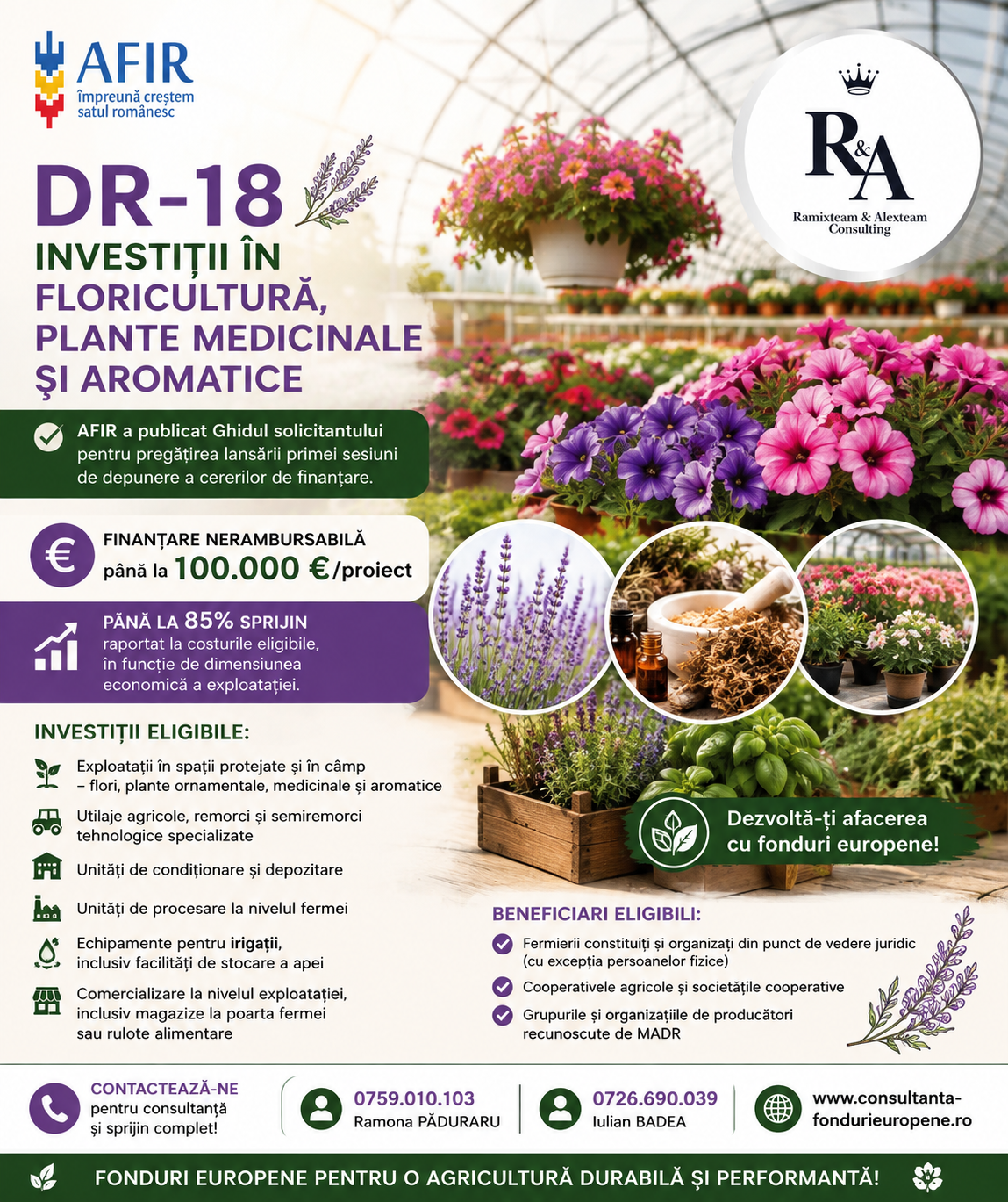 AFIR: A fost publicat ghidul pentru finanțarea investițiilor în floricultură, plante medicinale și aromatice